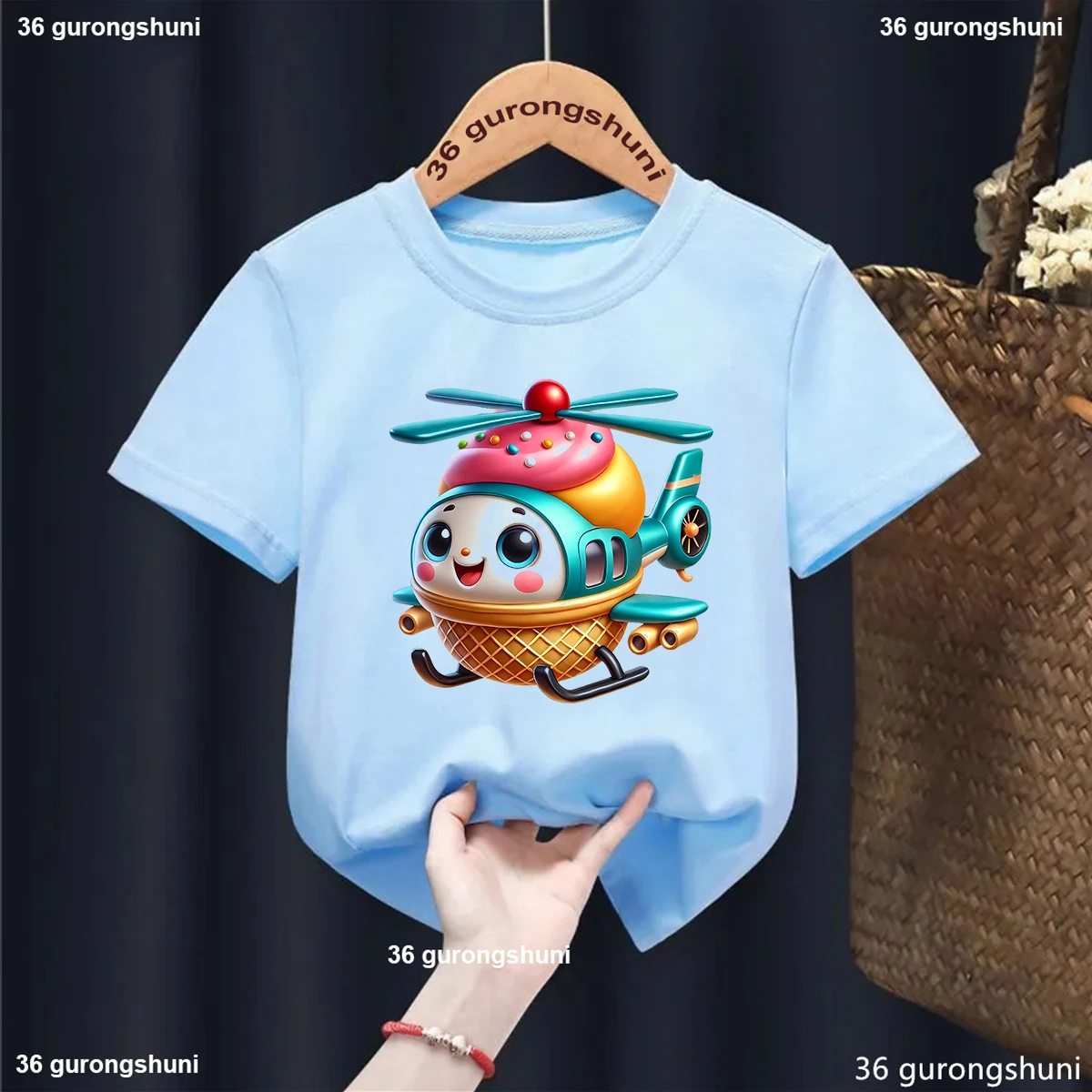 

Cute Helicopter Cartoon Printed T Shirt Girls/Boys Funny Kawaii Kids Clothes Summer Tops Fashion White/Pink/Blue/Yellow T-Shirt