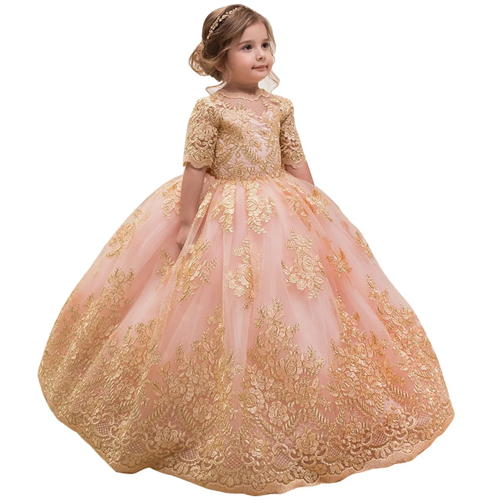 Luxury Gold Lace Appliques Wedding Flower Girls Dress Half Sleeves Designer Ball Gown Prom Dress For Children Birthday Gown