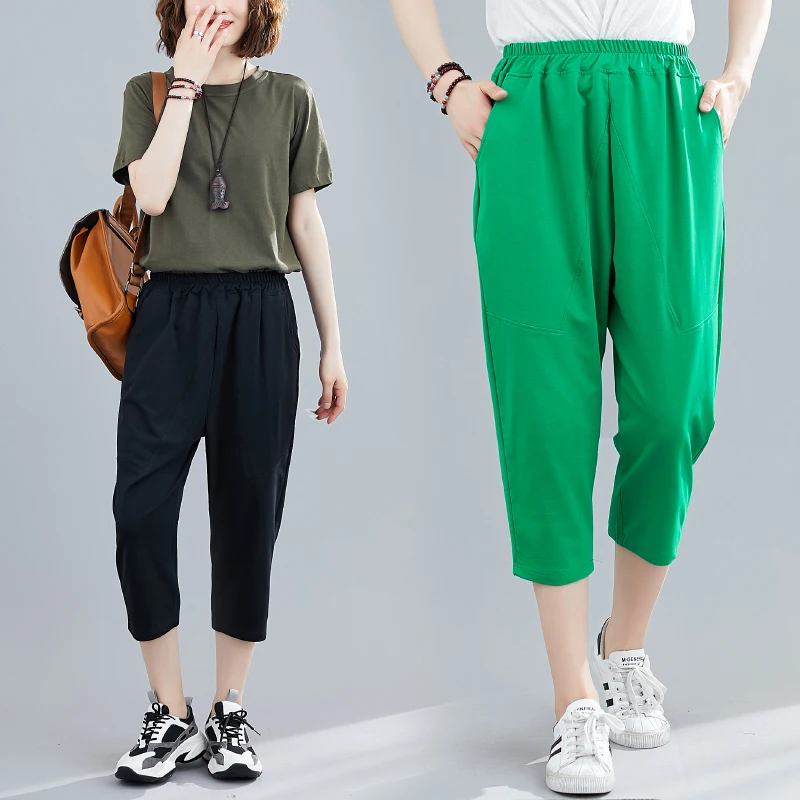 

Summer 2025 plus Size Elastic Waist Pure Cotton Sweatpants Women Loose Slimming Harlan Casual Seven-Foot Pants