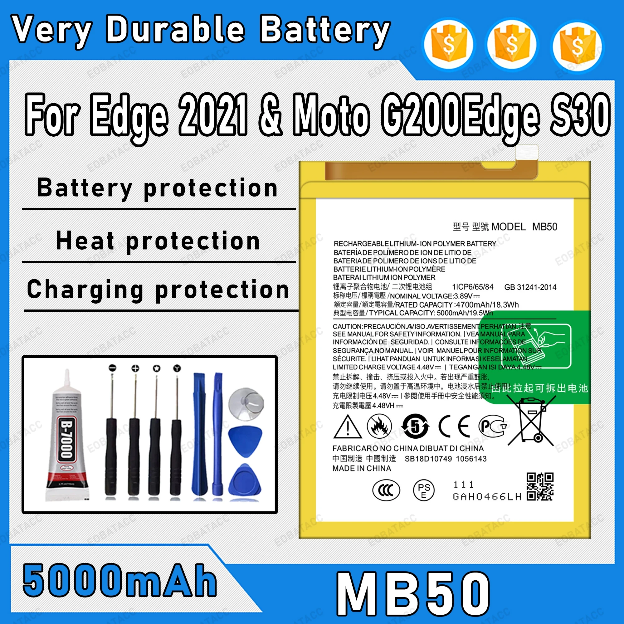 5000mAh 100% New MB50 Battery For Motorola Moto Edge 2021/Moto G200 /Edge S30 Replacement Bateria+Free Tools