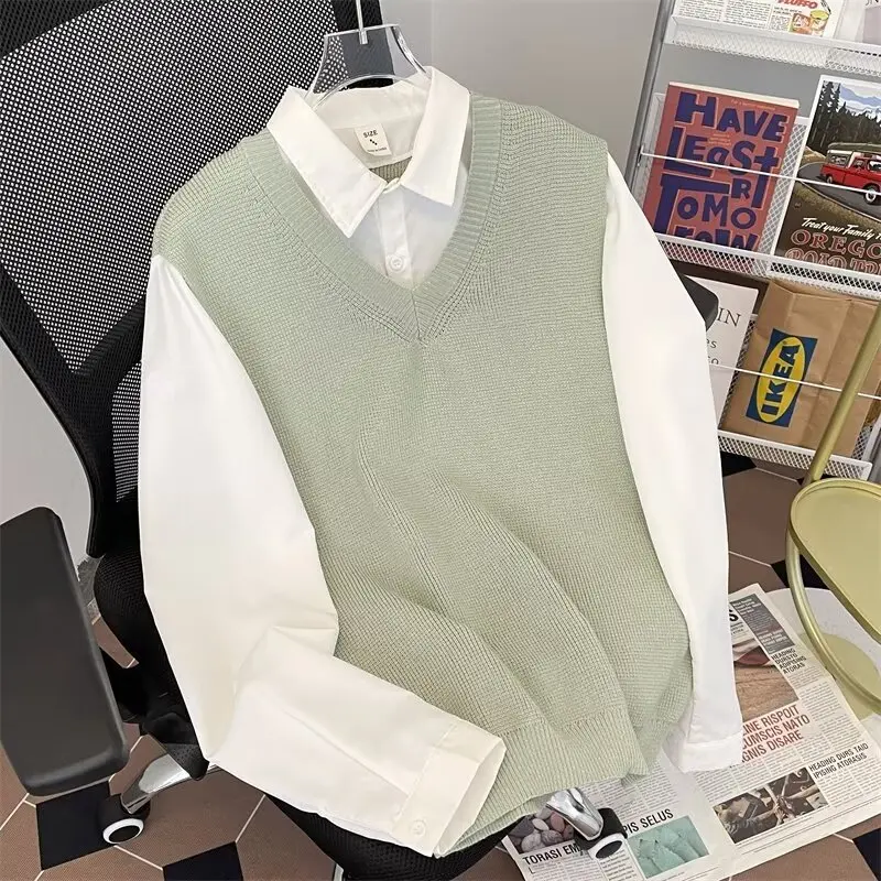 

Свободный вязаный свитер с V-образным вырезом для подростков и мужчин, осенне-зимний, больших размеров, 300 Pou Sli, в японском стиле, повседневный, с длинными рукавами