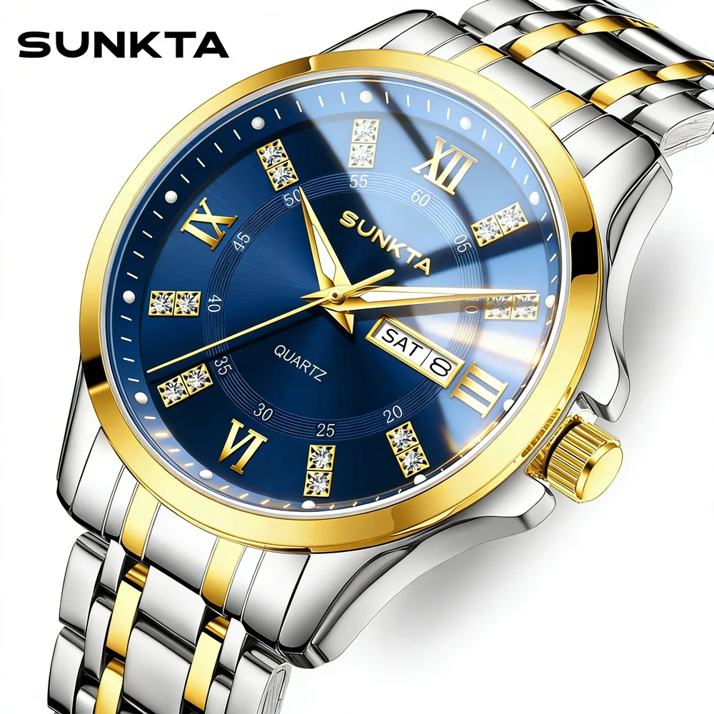 sunkta-メンズ腕時計-ゴールドリング付き-デュアルカラー-ステンレススチール-ブルーラインストーンダイヤル-ビジネス時計-クォーツムーブメント-メンズ腕時計