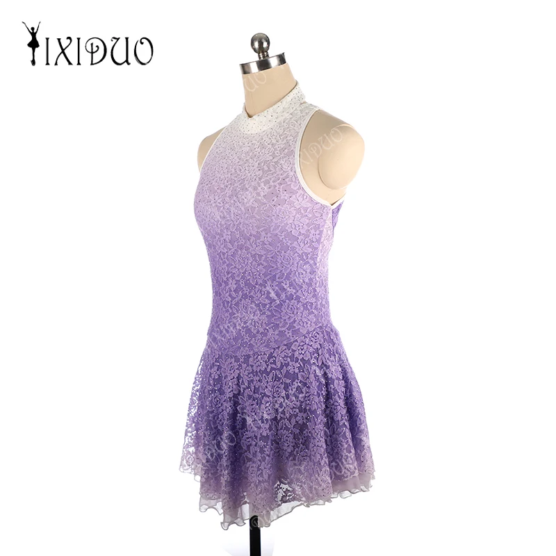 Ladies Adult Figure Skating Dress Custom Girls Show Competition Artistic Gymnastics White Purple Lace Gradient Skirt for Child