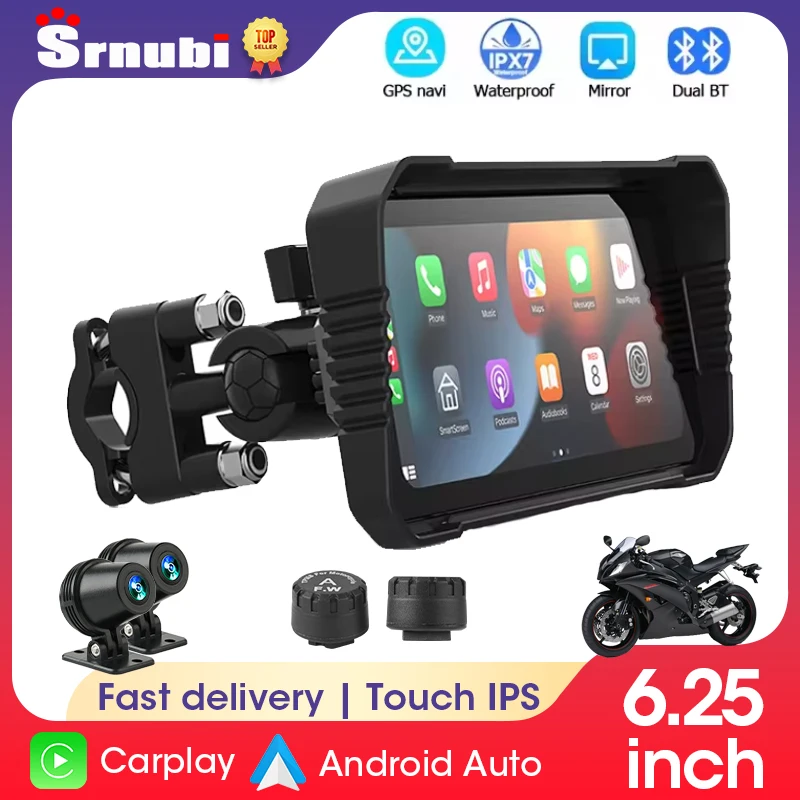 Srnubi Motorcycle GPS 6.25 inch WiFi MOTO Navigation Waterproof Apple Carplay Display Screen Portable Motorcycle Android Auto