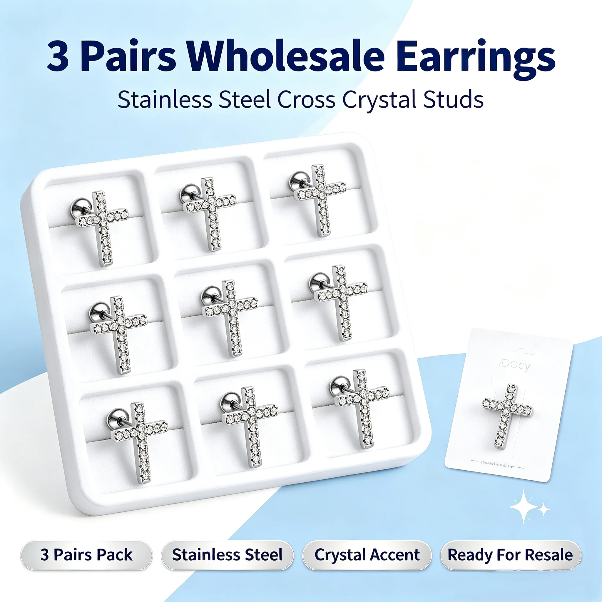 3Pairs Wholesale Stainless Steel Cross Stud Earrings Full Paved Crystal Screw Back Cartilage Piercing Jewelry Bulk For Resellers