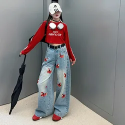 spring Embroidered Western Style youth girls Jeans teenage kids cartoon dog Wide leg pants junior kid trousers short top t-shirt