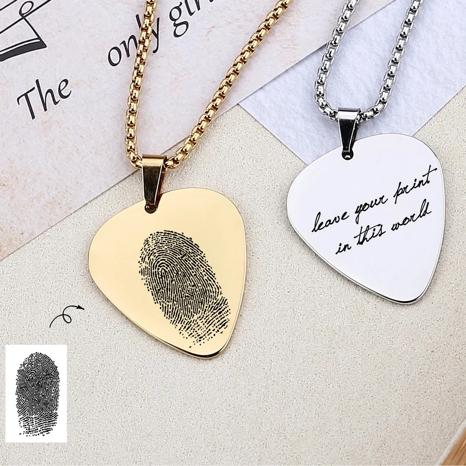 Customized Fingerprint Handwriting Guitar Plectrum Stainless Steel Necklace Memorial Fingerprint Jewelry Gift Personalized