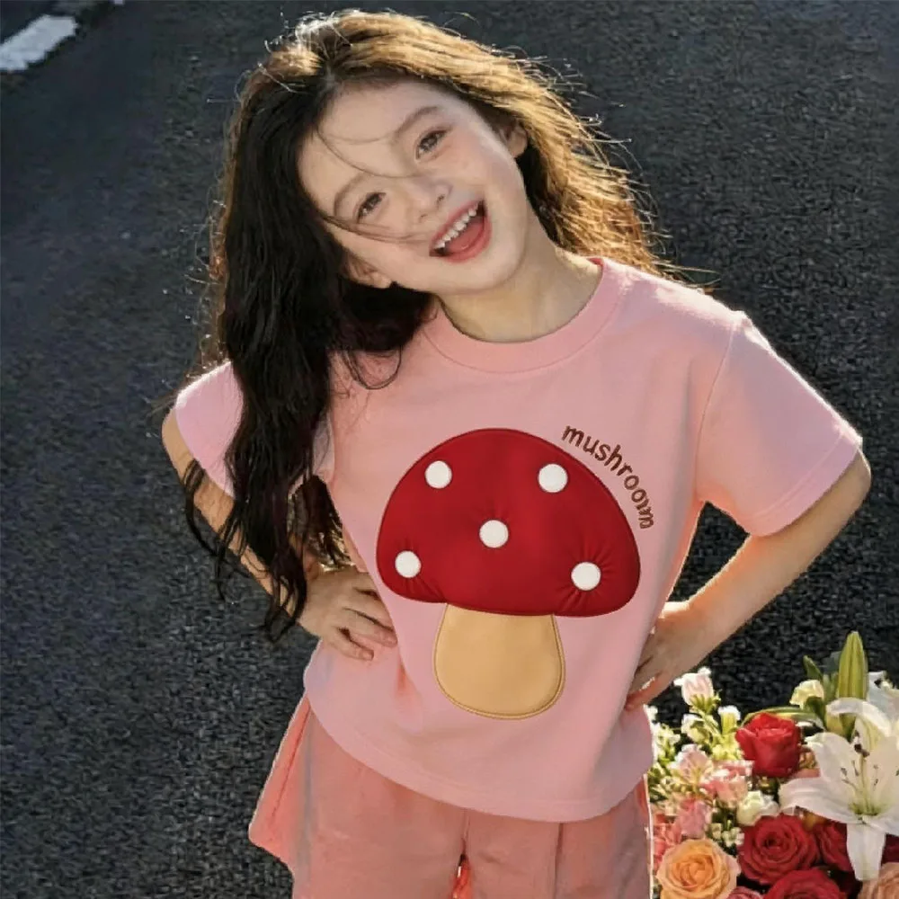 

Summer Kid Short Sleeve T-Shirt Red Mushroom Patchwork Print Kids Top Sweet Loose Fit Children Casual Daily Wear Fashion Blouse