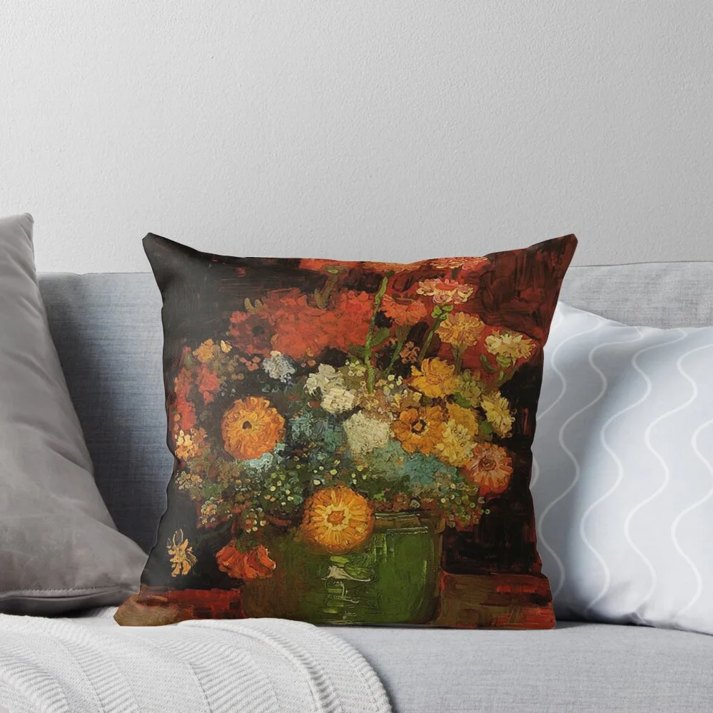 

Vase with Zinnias by Van Gogh. Vintage floral oil painting fine art. Throw Pillow Cushions Cover Marble Cushion Cover pillow