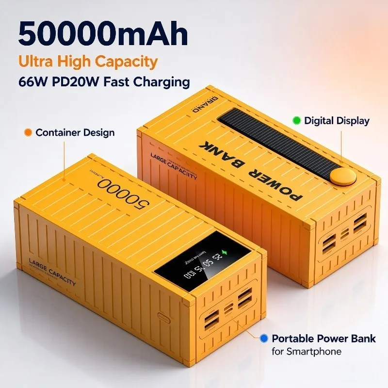 66W Fast Charging Power Bank 50000mAh Container Shape PD20W Bidirectional Portable Powerbank With Hand Rope For Phone