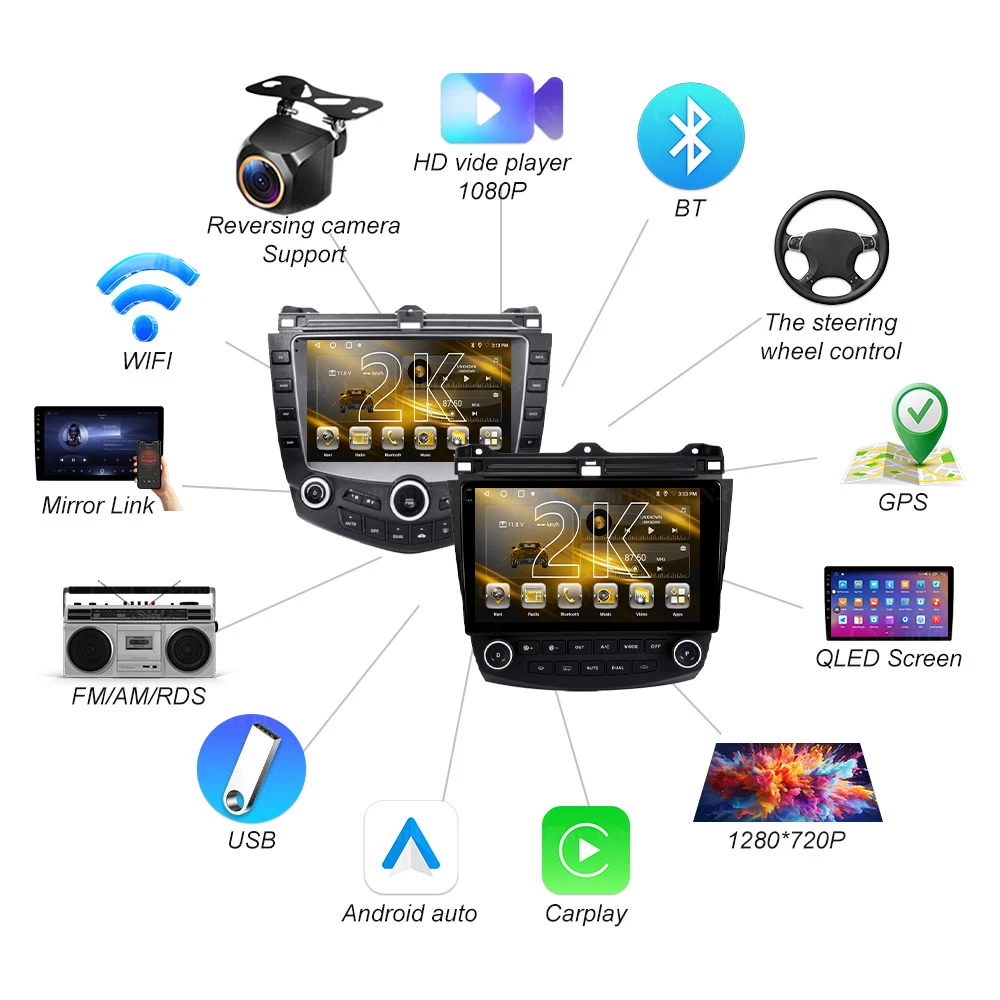Android 16 Head Unit For Honda Accord 7 2003-2007 Multimedia Player GPS Navigation Stereo Head Unit 2K DVD QLED Screen 5G