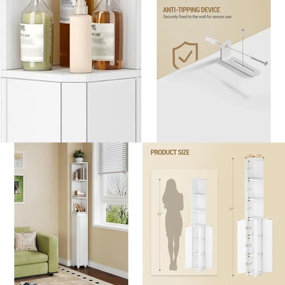 

White Tall Corner Bathroom Cabinet with Adjustable Shelves for Small Spaces Storage