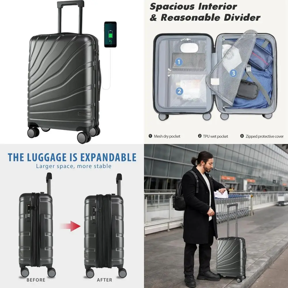 حقيبة أمتعة دوارة ذات هيكل صلب قابلة للتوسيع مع قفل TSA، حقيبة سفر مقاس 20 بوصة للسفر بالطيران، حقيبة عصرية