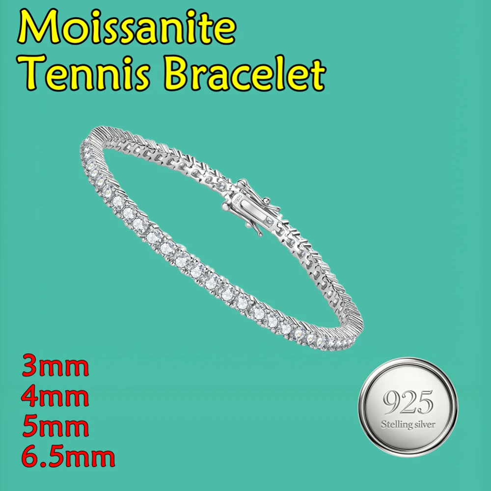 3/4/5/6.5mm Classic S925 Sterling Silver GRA Certified Bracelet for Men ChainD Color VVS1 Moissanite Tennis Bracelet for Women