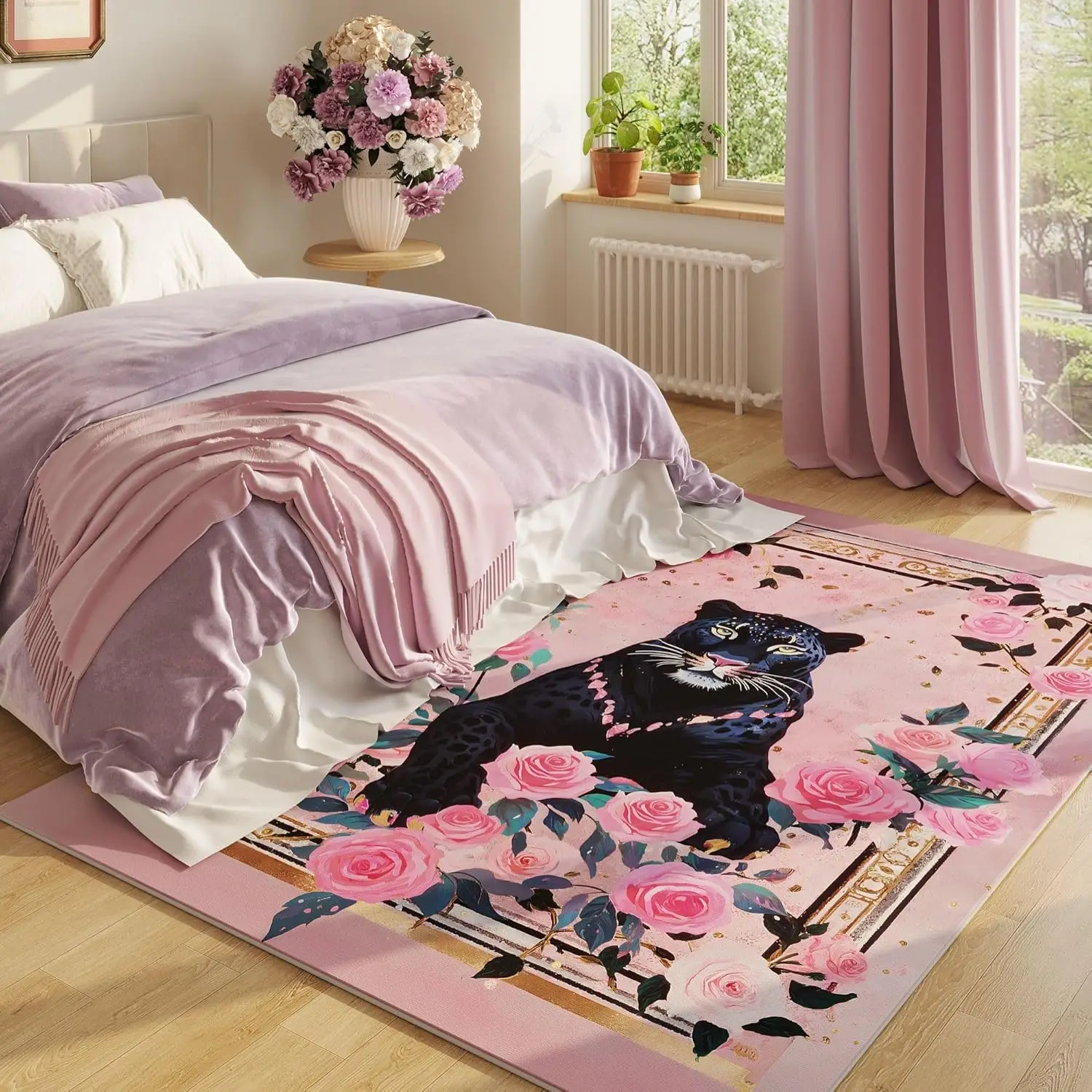 

Room Clearance Washable Retro Lavish Leopard Non Slip Floral Animal Vintage Low Pile Large Rug for Living Room, Bedroom,