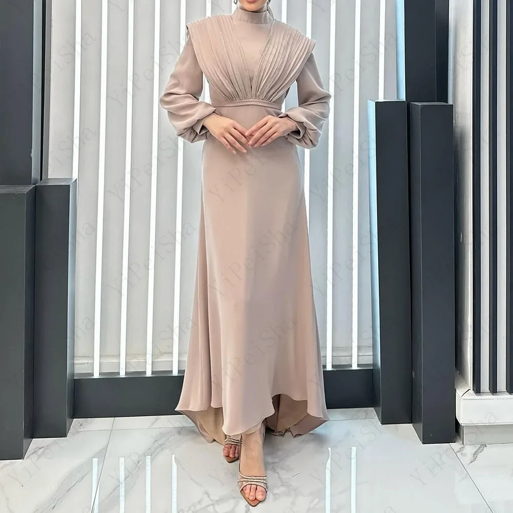 Customized A-Line Prom Dresses Floor-Length High-Neck Full Sleeve Evening Gown Fashion Stole Beading Simple Draped Party Gown