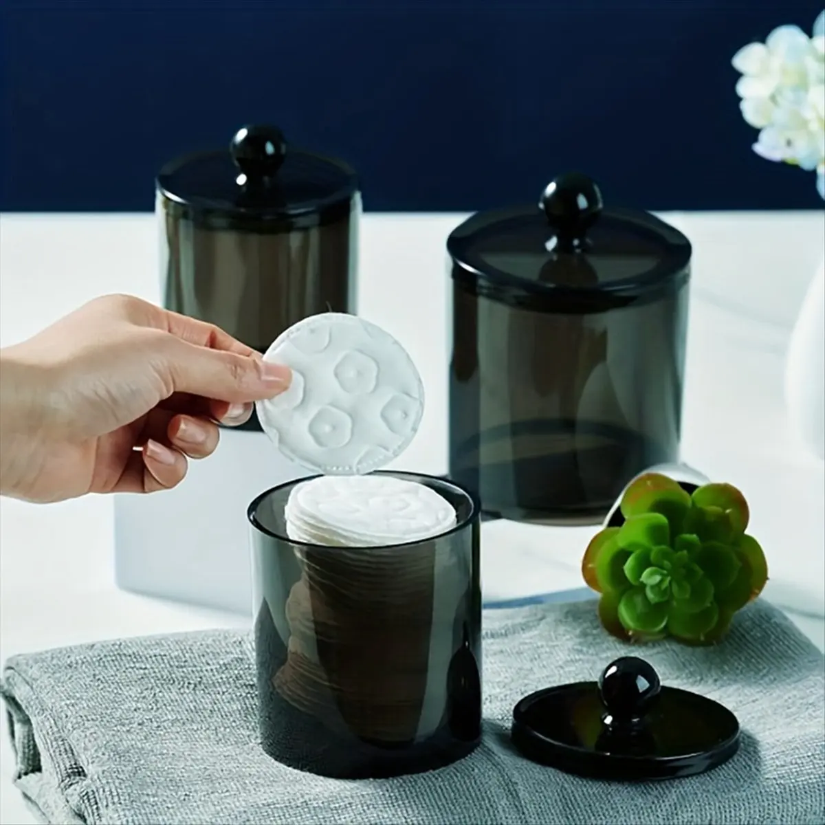 3 Pack Qtip Dispenser Jars Bathroom Jar Black Plastic Holder Storage Box for Cotton Ball, Swab Cotton-A49I