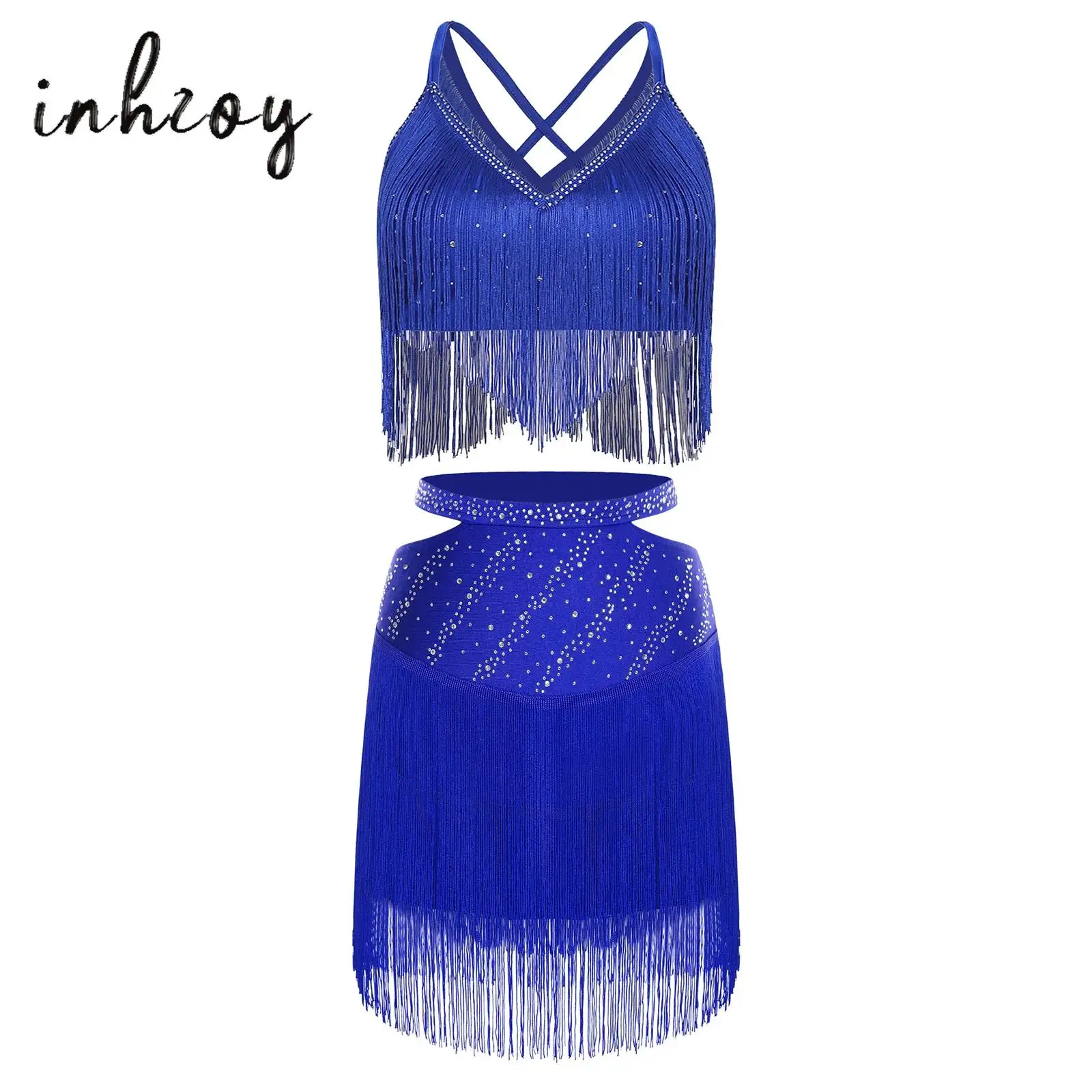 

2Pcs Womens Latin Tango Dance Costume Tassel Rhinestones V-Neck Sleeveless Crisscross Back Crop Top Cutout Waist Skirt Dancewear