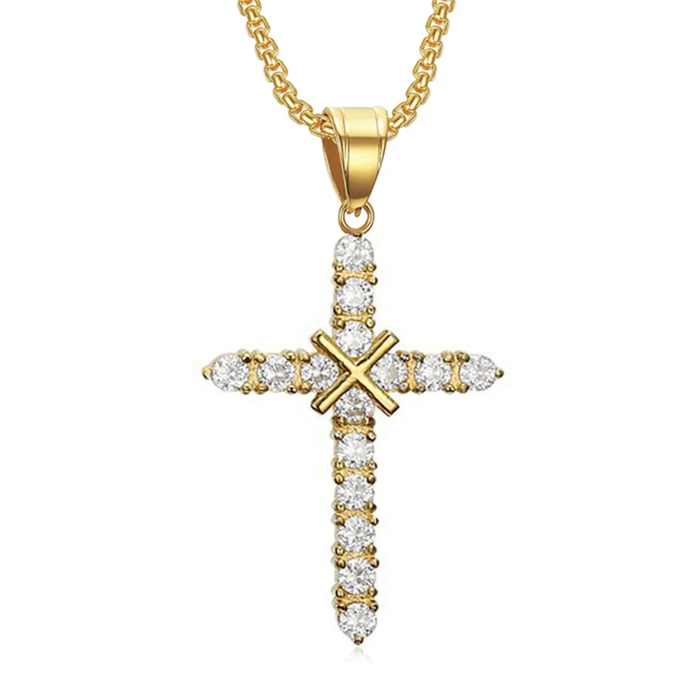 Iced Out Choker Cross Pendant Necklace For Women Gold Silver Color Stainless Steel Long Chains Christian Jewelry Dropshipping