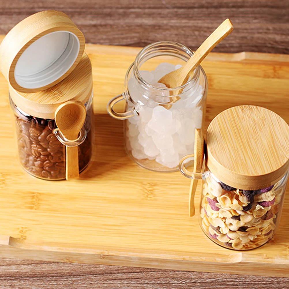 

Sealed Jar 450ml Glass Storage Canister Bamboo Lid Spoon Coffee Beans Oats Grains Tea Leaves Nuts Kitchen Home Pantry Container