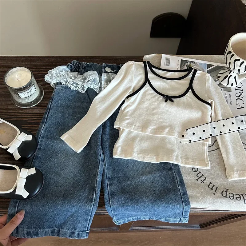 

Kids Pants Korean Childrens Clothing 2025 New Autumn Girls Vest Long Sleeved T-shirt Childrens Jeans Trendy Lace Cool