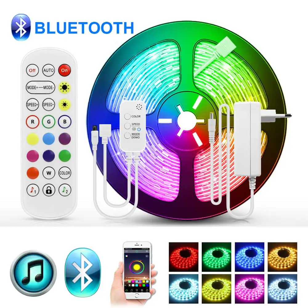 Bluetooth LED Strip Light 5050 Flexible Ribbon led light strip RGB 5M 10M 15M Tape Diode for Home TV Party Decoration+Adapter