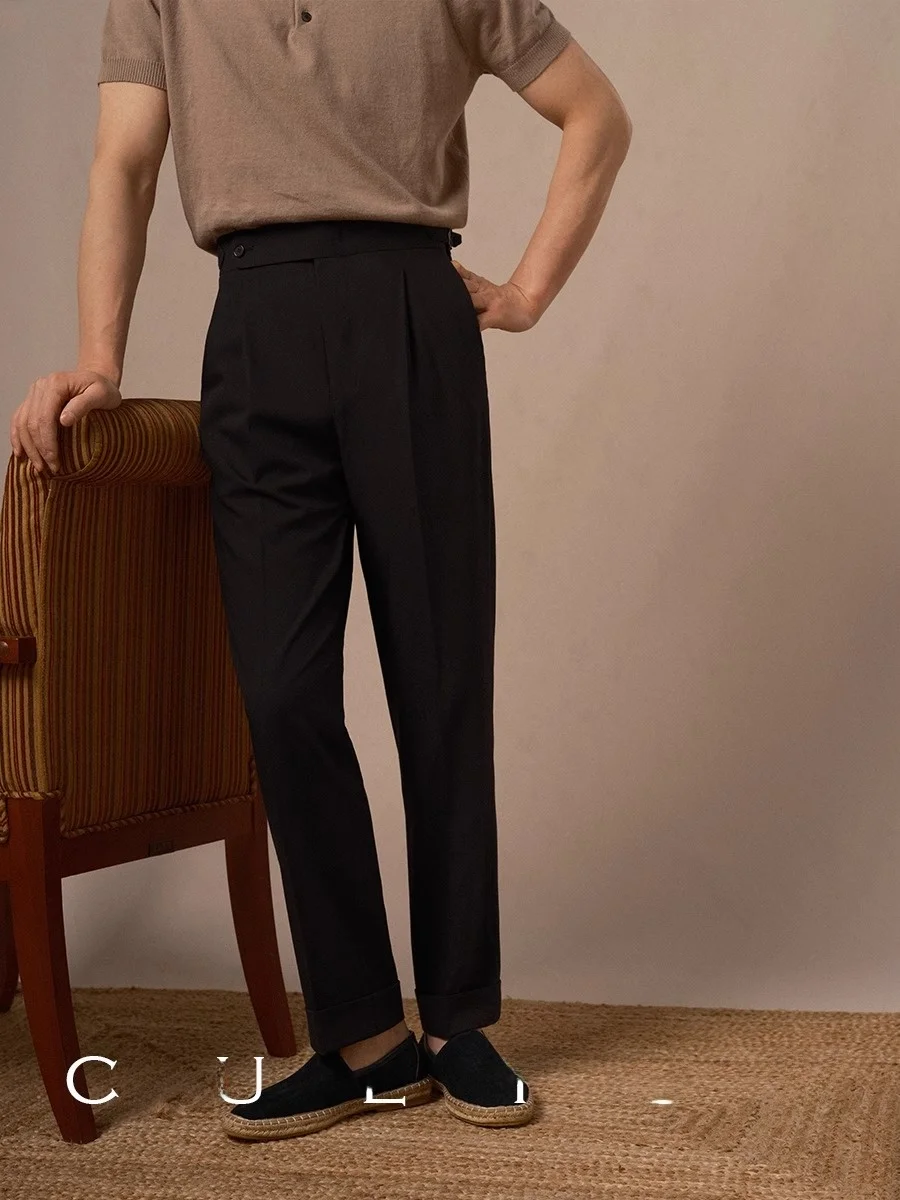 

Cultum Italian Sle Men's Pleated High Waist Busin Casual Non-iron Long Pants Cool Feeling Fiber Straight Leg Trousers