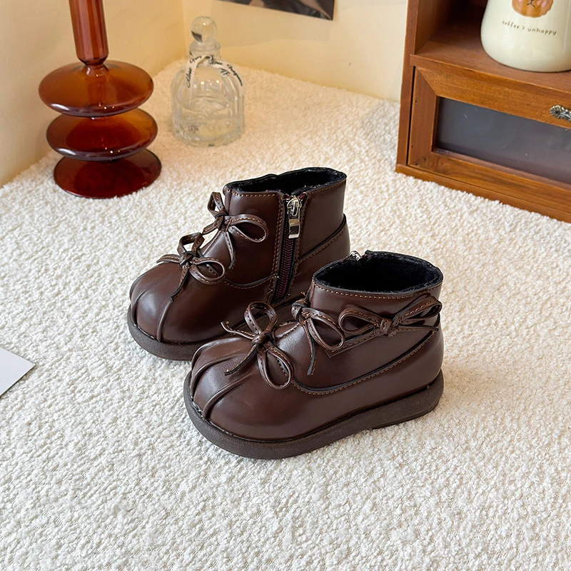Winter New Girls Retro British style Butterfly Knot with Velvet Warm Snow Boots Children's Leather Boots Kids Thermal Boots