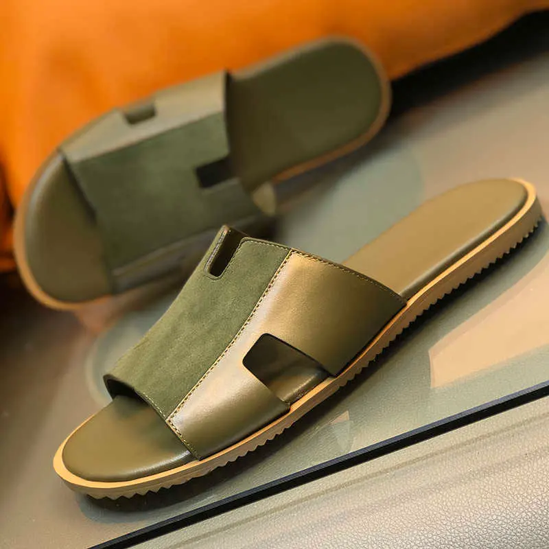 

Summer Men's Slip-On Shoes Matte Leather Anti-Slip Odor-Resistant Soft Leather Sandals Trendy Brand Casual Flat Heel PU Footbed