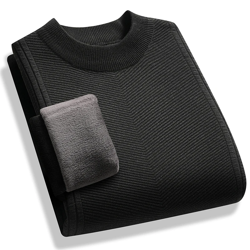 Sweater Mock Neck Pria Warna Solid Berlapis Fleece Sweater Musim Gugur Musim Dingin Pakaian Rajut Dasar Pria Pullover Rajut