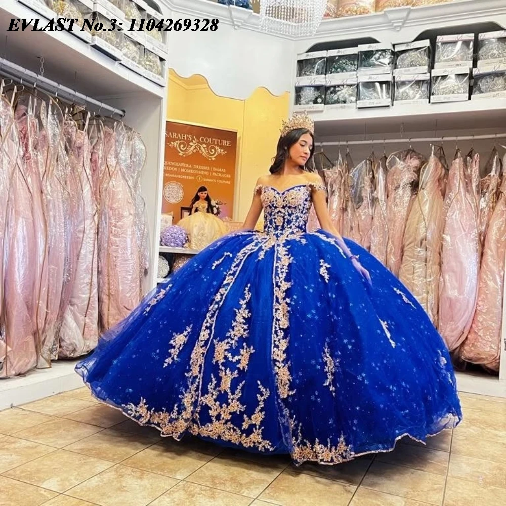 

EVLAST Customized Royal Blue Quinceanera Dress Ball Gown Gold Lace Applique Beads Cape Tiered Sweet 16 Vestido De 15 Anos E3Q478