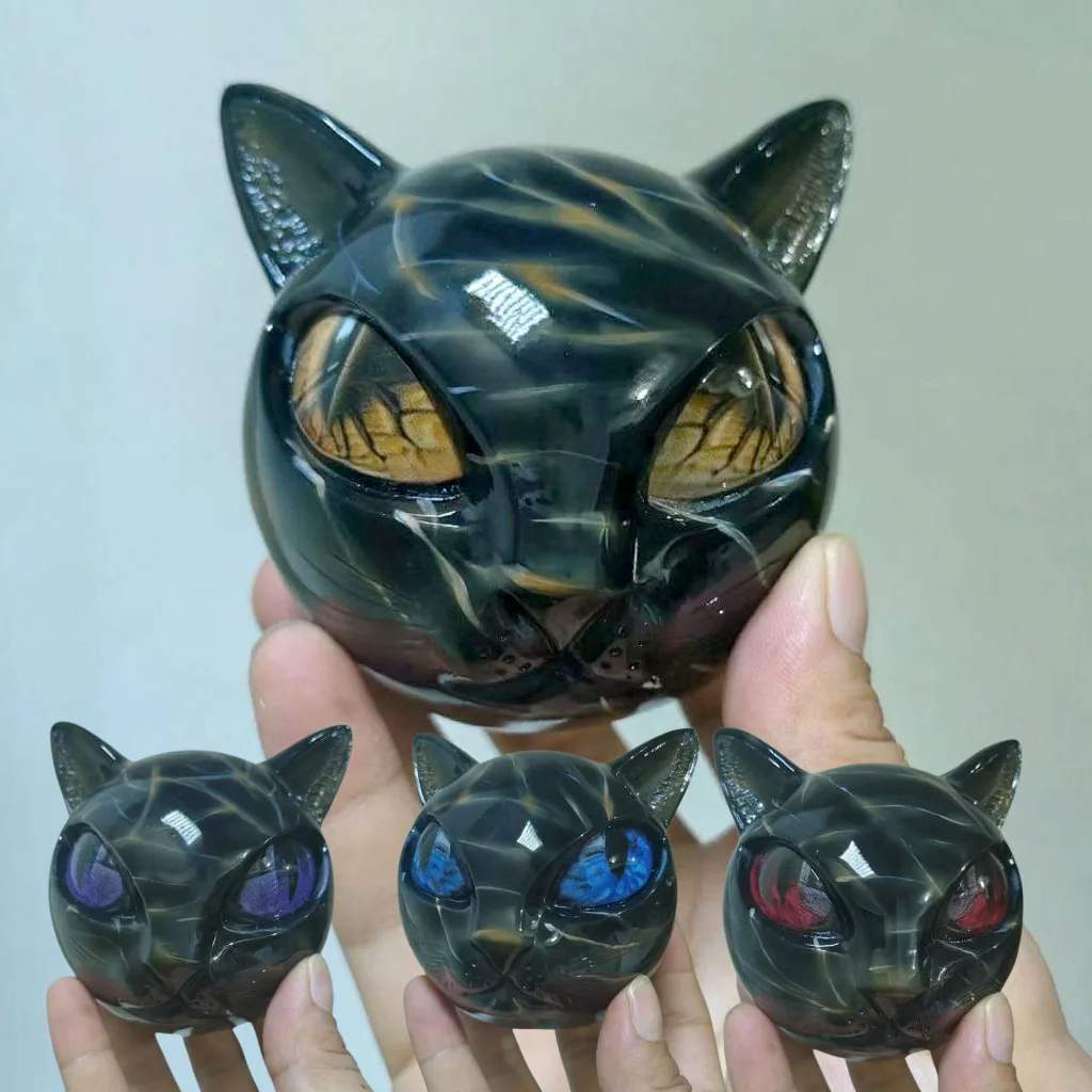【セール中】装飾的な黒猫の石の置物、樹脂製の猫の頭のヒーリングストーン、大理石の質感の猫の石の記念品ギフト、オフィスデスクの猫の装飾
