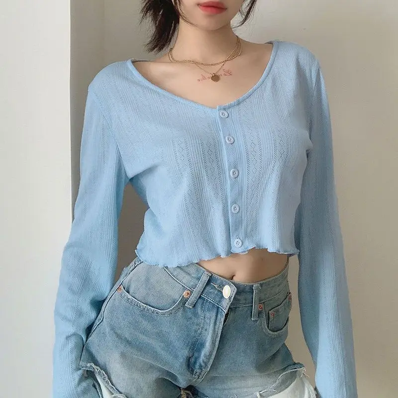 

Casual solid color knitted cardigan T-shirt 2025 spring and summer women's thin bottoming short top