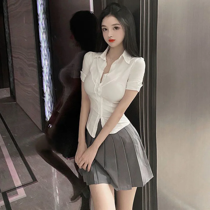 Biyaby White Shirt for Women Korean Style Short Sleeve Turn-Down Collar Blouse Ladies Summer Sexy Slim Single Breasted Shirts