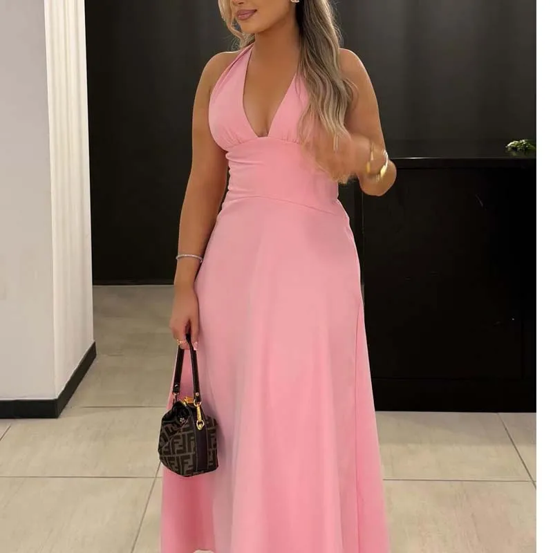 

YENKYE Sexy Backless Deep V Halter Pink Dress For Women Elegant A-line Midi Evening Party Dresses 2025 Vestidos