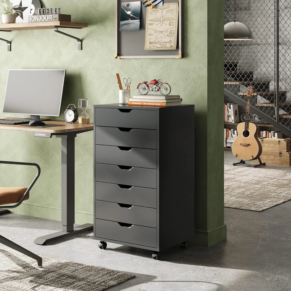 7-Drawer Wooden File Cabinet with Wheels, Black, Space-Saving Storage Solution for Home or Office