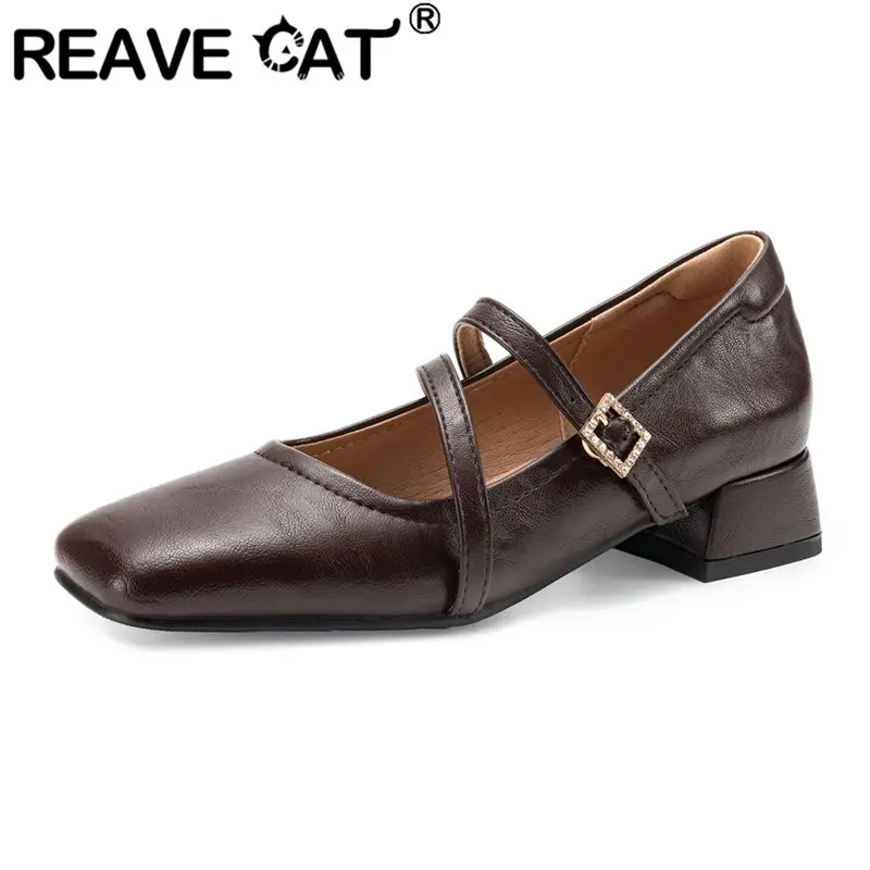 

REAVE CAT Brown Korea Women Flats Square Toe Buckle Strap Sweet Lady Mary Janes Shoes Big Size 41 42 43 Dating Handmade Footwear