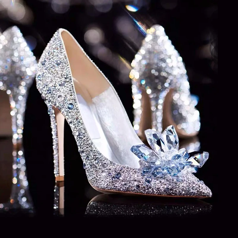 Princess Cosplay Sparkling Crystal Shoes Adults Lace Butterfly Women Wedding Shoes Thin Heel Pointed Toe 7CM High Heels