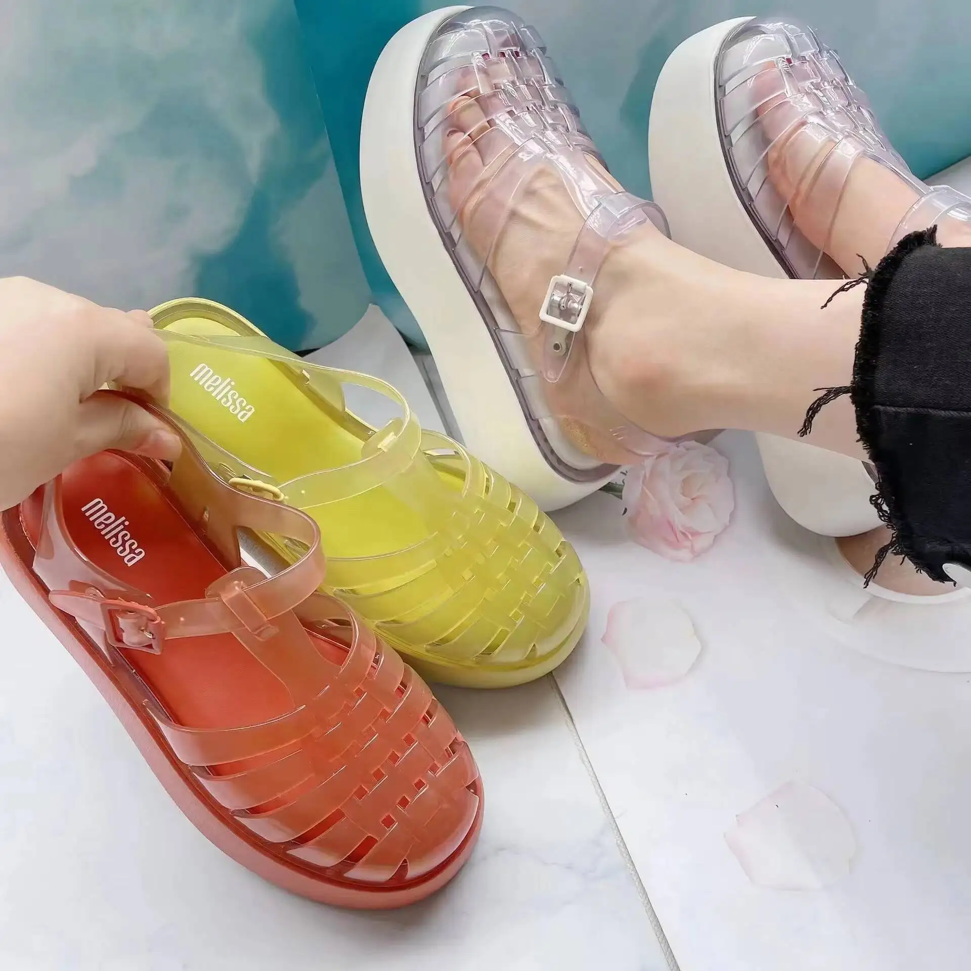Sandalias de Plataforma con Tacón Grueso de PVC para Mujer, Diseño Calado y Transpirable, Suela de Gel, Moda 2026