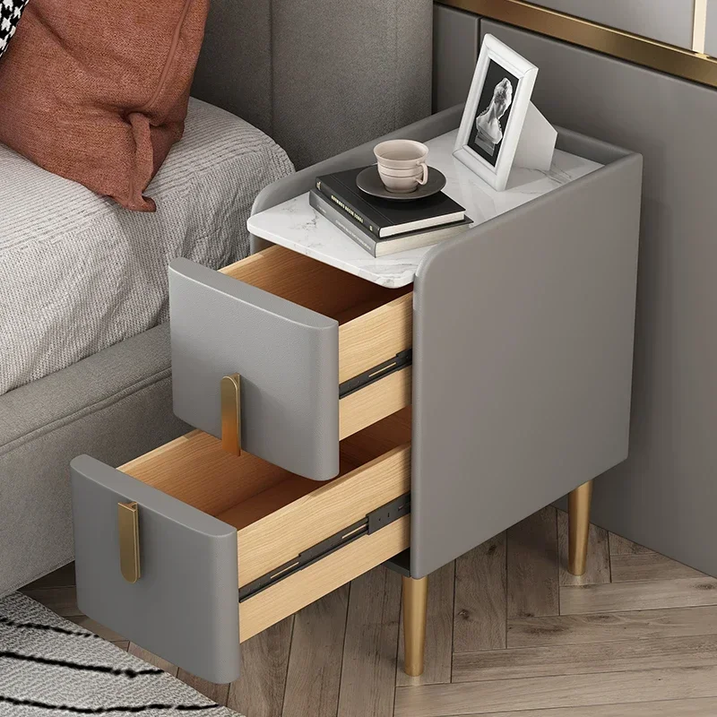 Small ultra-narrow bedside table simple modern luxury leather bedside cabinet rock plate mini home storage slit narrow cabinet