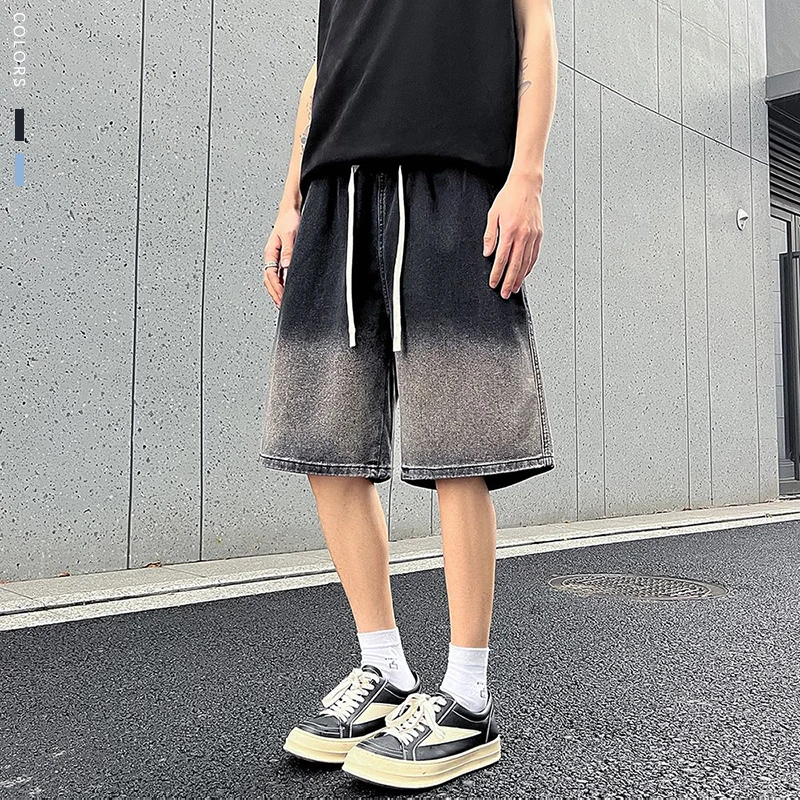 

Летние свободные мужские джинсовые шорты с градиентным дизайном, молодежные широкие короткие джинсы, уличная одежда, модная корейская одежда в стиле ретро