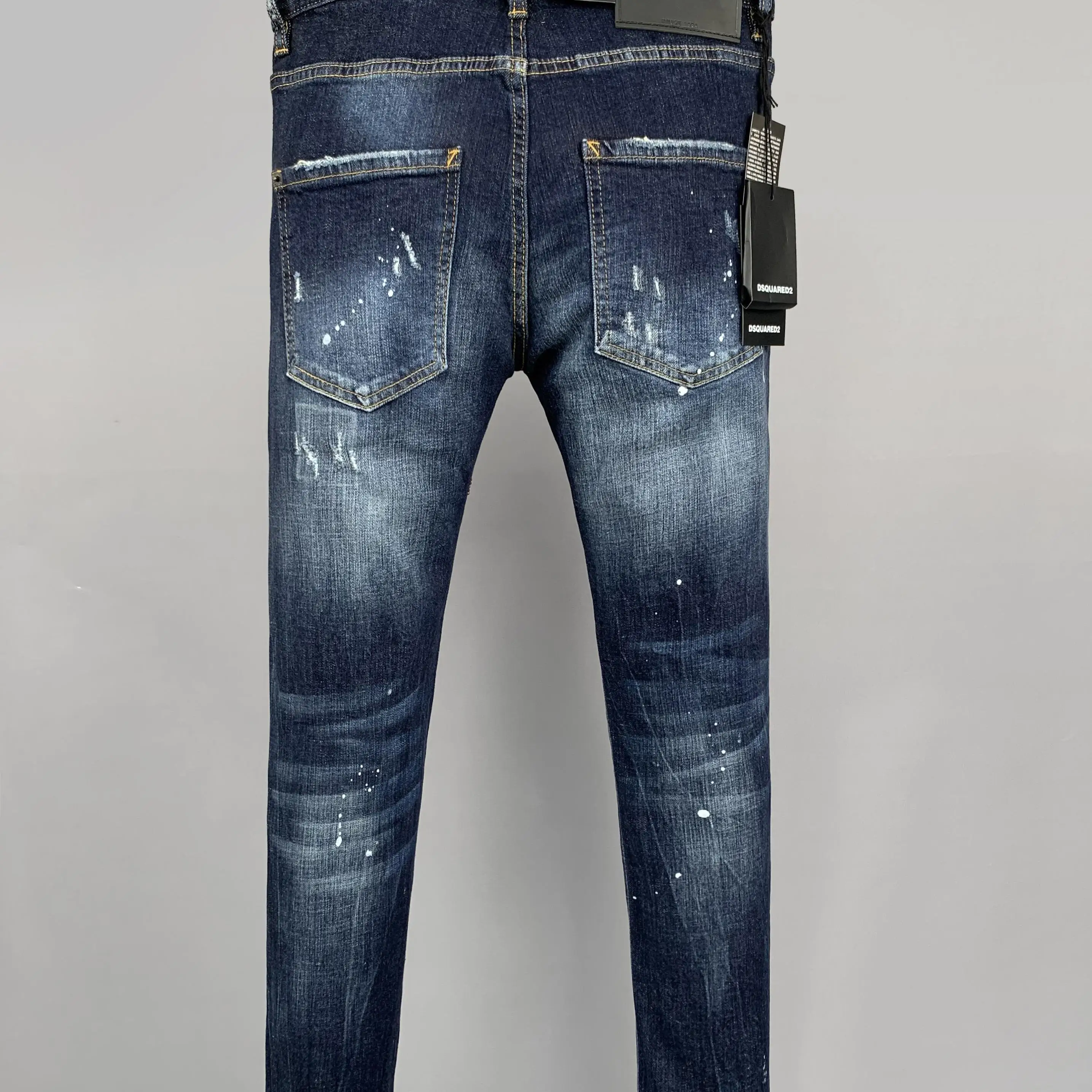 New Luxury D2 Square Trendy Men's Jeans Waed Ripped Patch Painted Rhinestone Slim Blue Denim Jeans Youth Casual Breathable