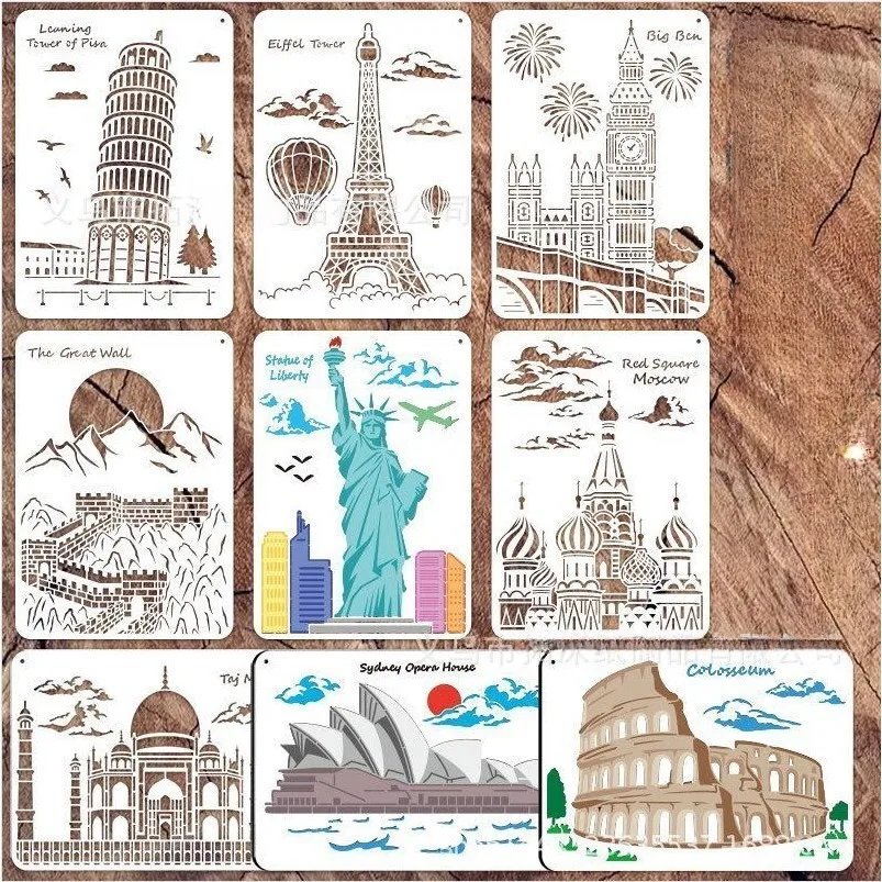 

Ручной рисунок из ПВХ, шаблон для граффити, шаблон мировой архитектуры, городской архитектурный выдолбленный шаблон для рисования