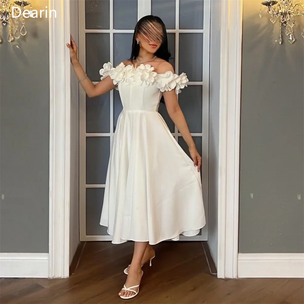 Customized Evening Dress Prom Gown Formal Party Occasion YPMWZX Off-the-shoulder A-line Tea Length Skirts Draped Applique 3D Flo