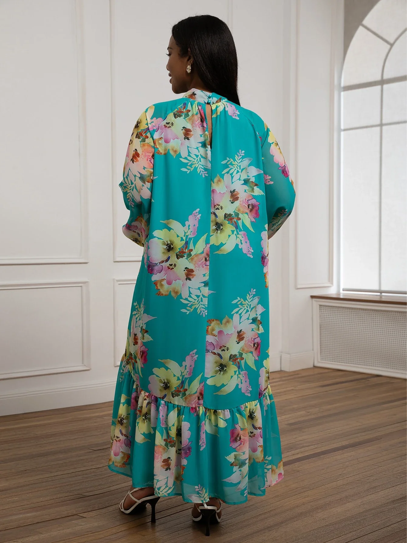 

Elegant Floral Print Midi Dress High Neck Long Sleeve Flowy Summer Dress For Women