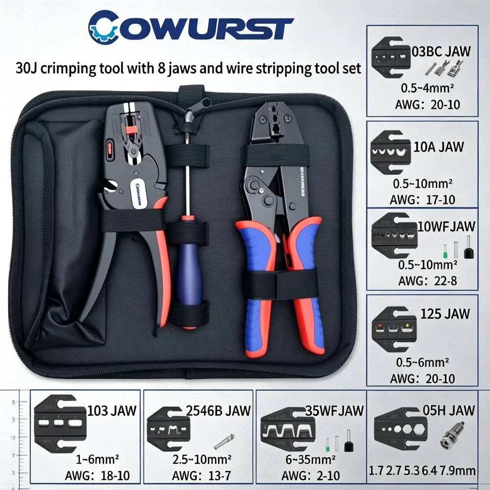Multifunctional HS-30J Crimping Pliers Tool Kit with 8 Interchangeable Jaws, Wire Stripper and Portable Storage Bag