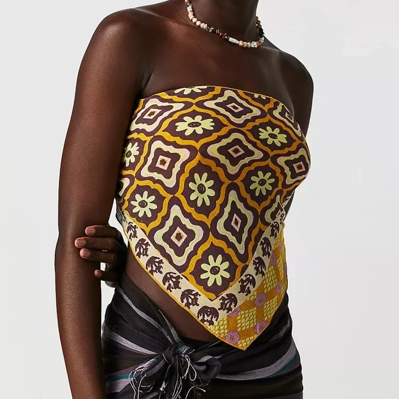 Y2k Women's Sexy Spicy Girl Vintage Flower Top Printed Strapless Open Back Irregular Summer Slim Fit Tank Top Street Wear YDL41