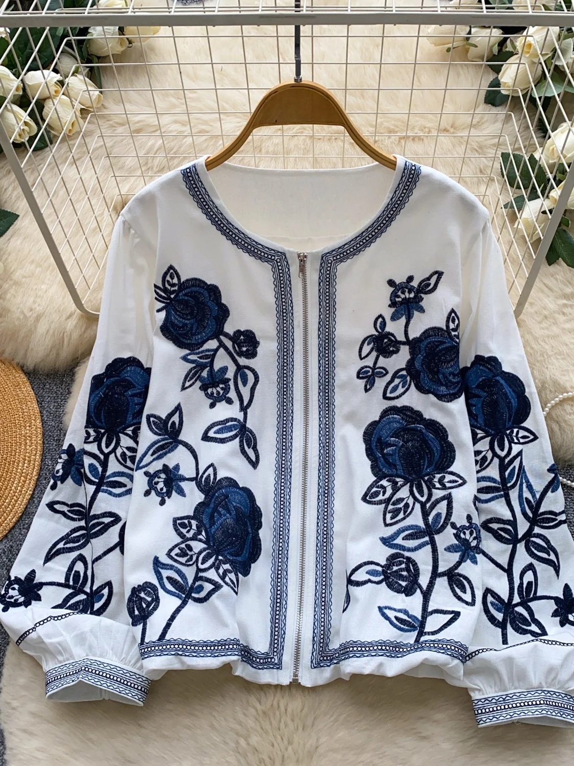 Embroidered Heavy Work Open Cardigan Long Sleeve Loose Women's Style Commute Wind Blue Porcelain Outerwear Autumn Collection