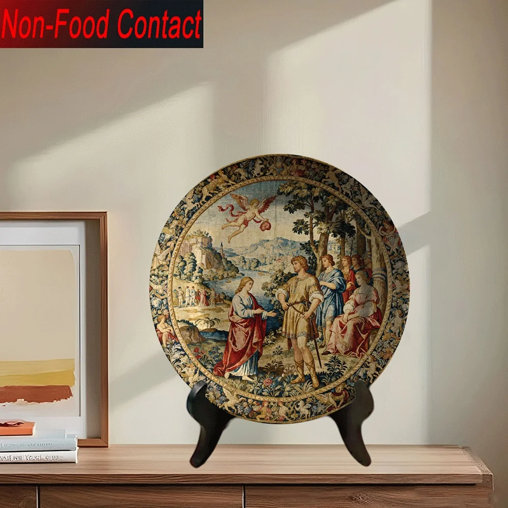 1pc Renaissance Angel & Saint Jerome Ceramic Decorative Plate - Non-Food Contact Tabletop Art, Classic Round Wall or Surface