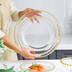 European Style Gold Bead Glass Plates Dinner Dish Salad Fruit Bowl Dessert Wedding Family Dinner Plate Decorative Tableware Set